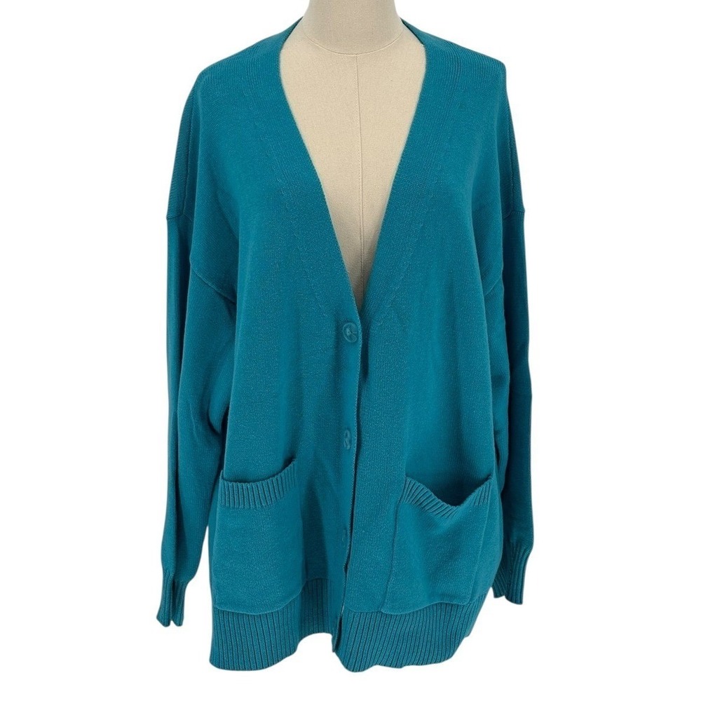 A New Day Teal Blue Knit Cardigan Sweater XL V Neck Button Front Pockets